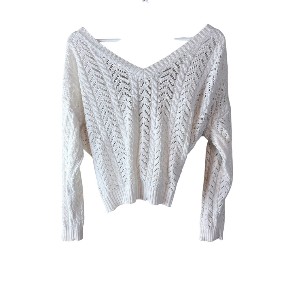 Pink Lily White Twist Back Cable Knit Pointelle V-Neck Sweater Large